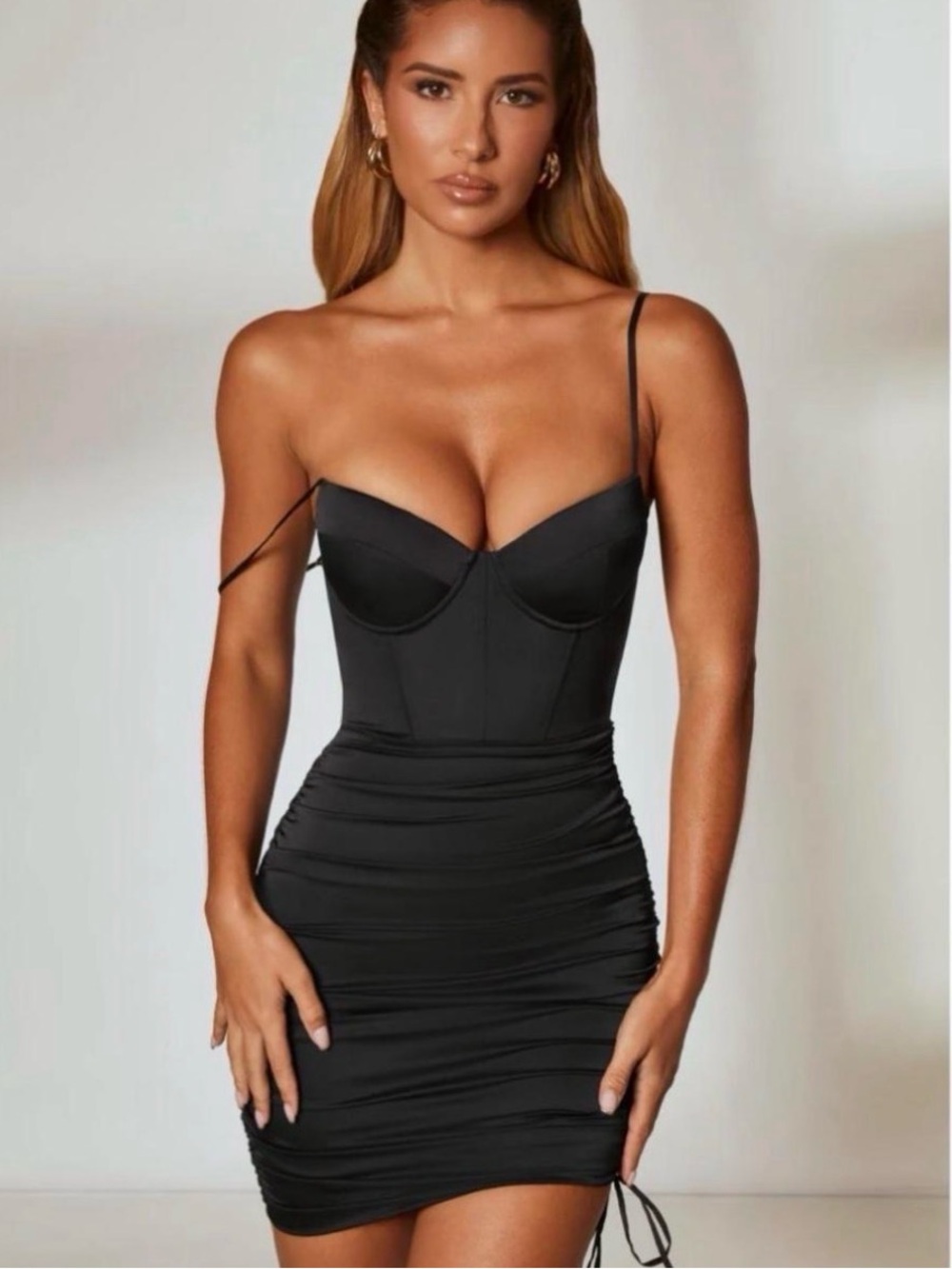Oh Polly Ruched Corset Mini Dress in Black